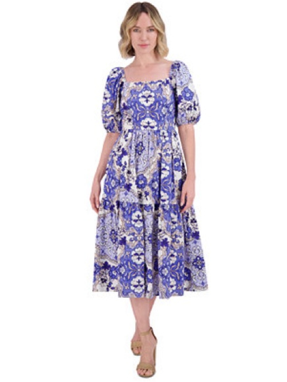 Vince Camuto Blue and White Floral Square-Neck Midi Dress